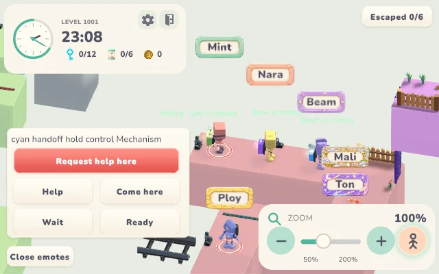 ตัวละครหกคนในฉากออนไลน์ พร้อมชื่อและปุ่มส่งสัญญาณช่วยเหลือ