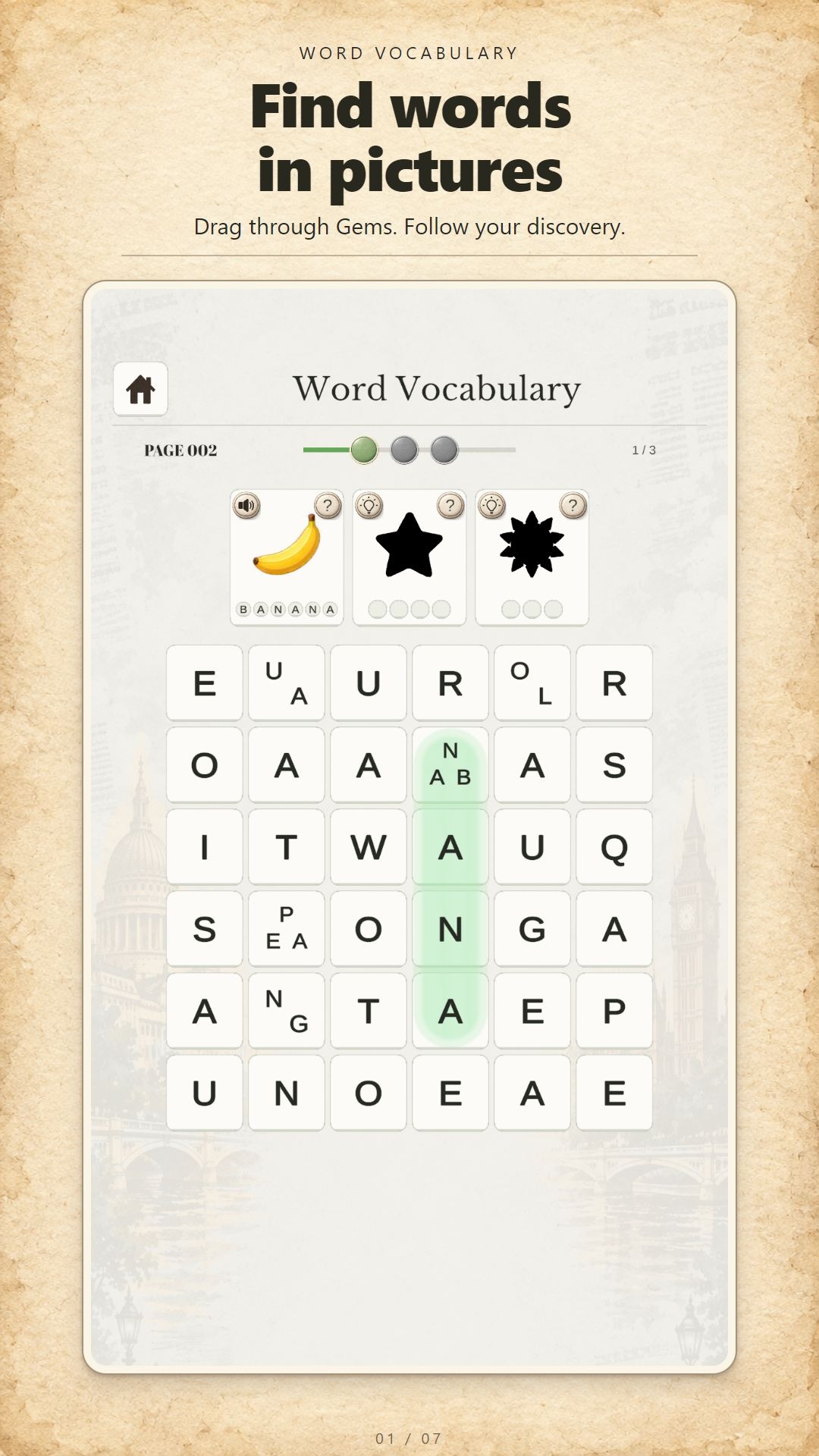 ภาพเกม Word Vocabulary แสดงภาพใบ้และกระดาน Gem