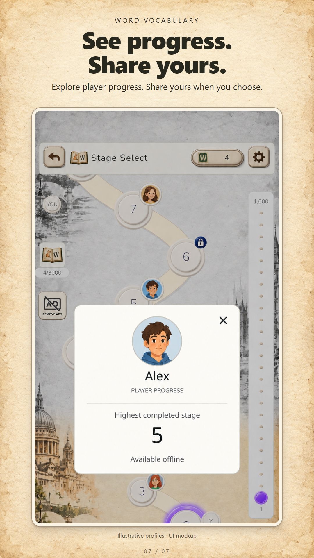ภาพจำลองที่ติดป้าย Mockup แสดงโปรไฟล์ผู้เล่นบนแผนที่