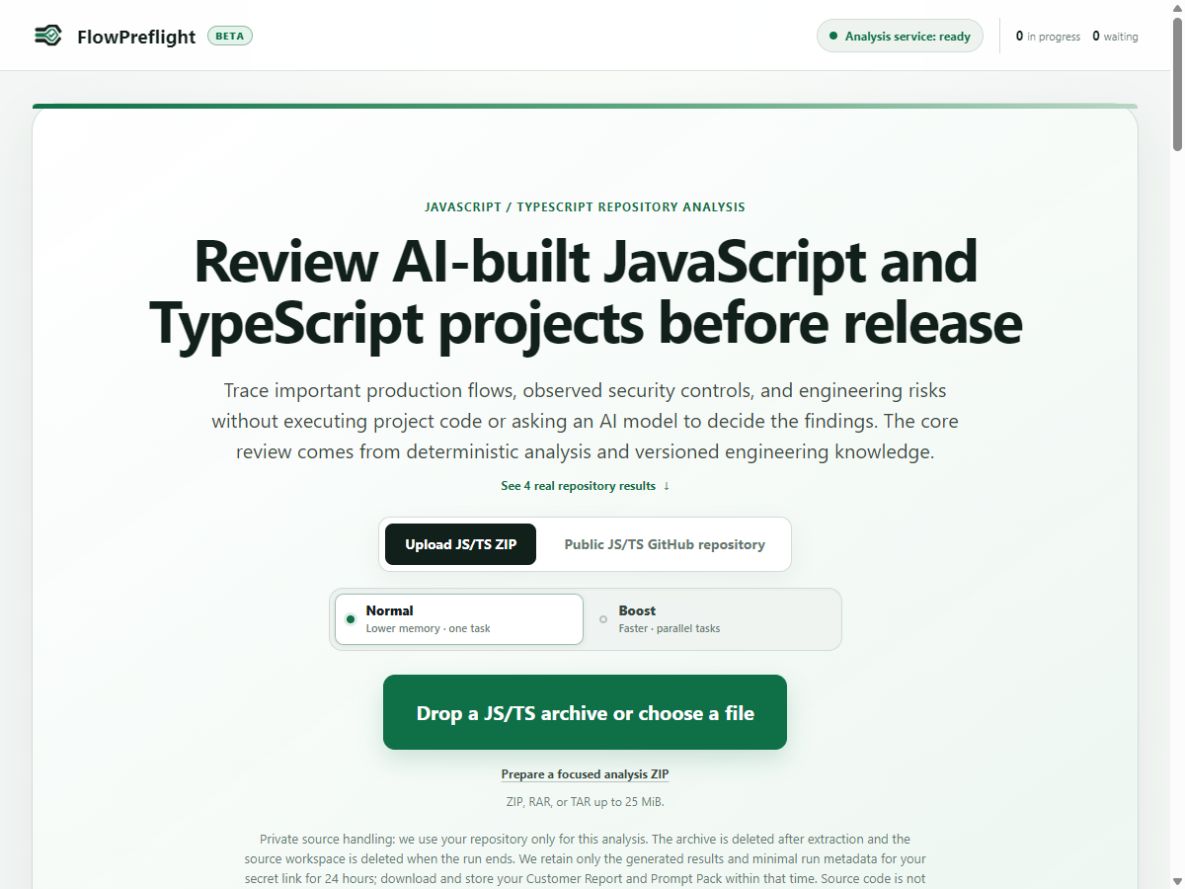 หน้าเว็บ FlowPreflight จริง แสดงการวิเคราะห์ JavaScript และ TypeScript พร้อมตัวเลือกอัปโหลดไฟล์ Public GitHub และโหมด Normal หรือ Boost